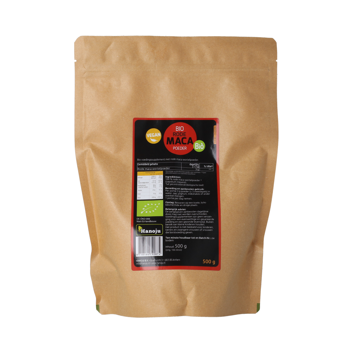 Hanoju Bio Rode Maca Poeder in 500g package, organic herbal supplement with reddish-brown maca powder visible in the image.