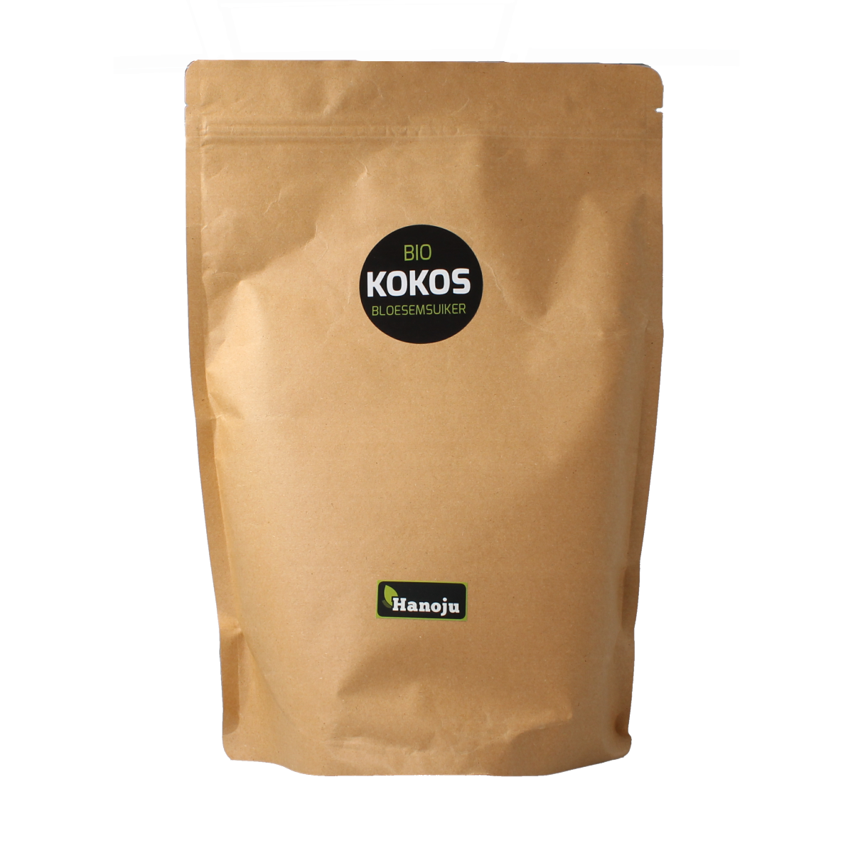 Organic coconut blossom sugar by Hanoju in a 1 kg package, featuring a bag of natural, unrefined sweetener with a light brown color.