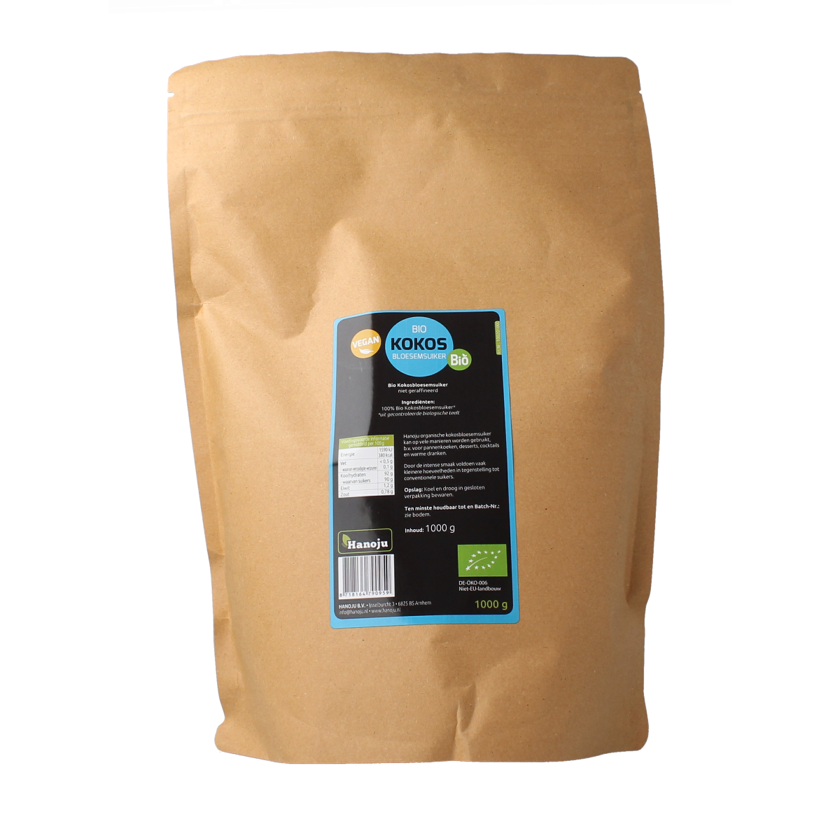 Hanoju bio coconut blossom sugar in a 1kg package, natural sweetener from coconut flowers, for baking and cooking.
