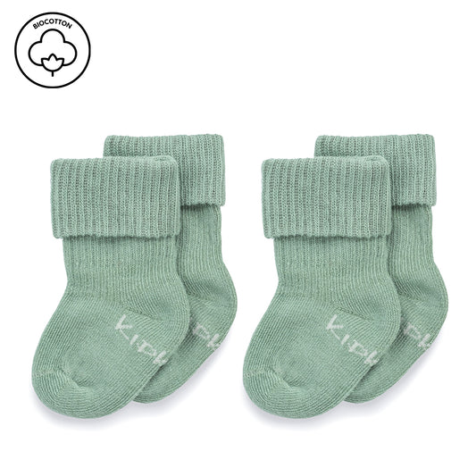 KipKep Blijf baby socks for newborns and preemies, pale green, soft cotton, pair of cozy infant socks.