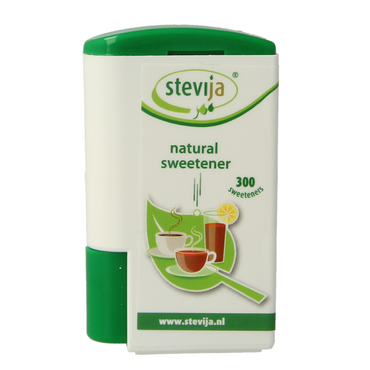 Package of SteviJa Stevia zoetjes, 300 count, natural sweeteners from the Suikers en Zoetstoffen category, in a clear resealable bag.
