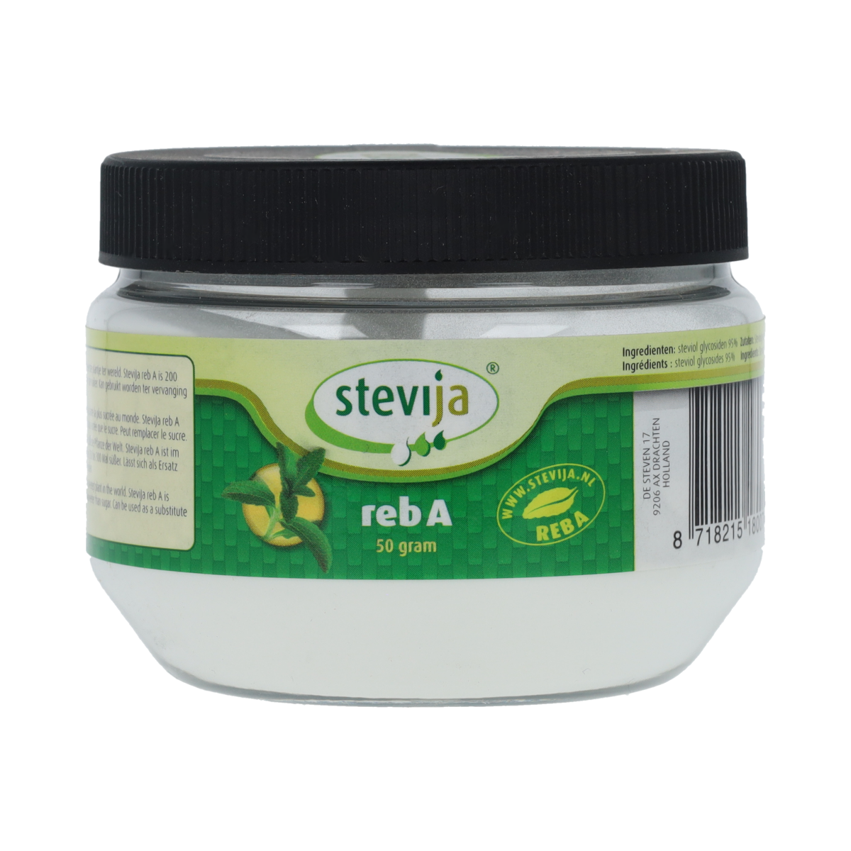 SteviJa Stevia extract powder in a 50g container, natural sweetener from SteviJa, used as a sugar substitute or in cooking.