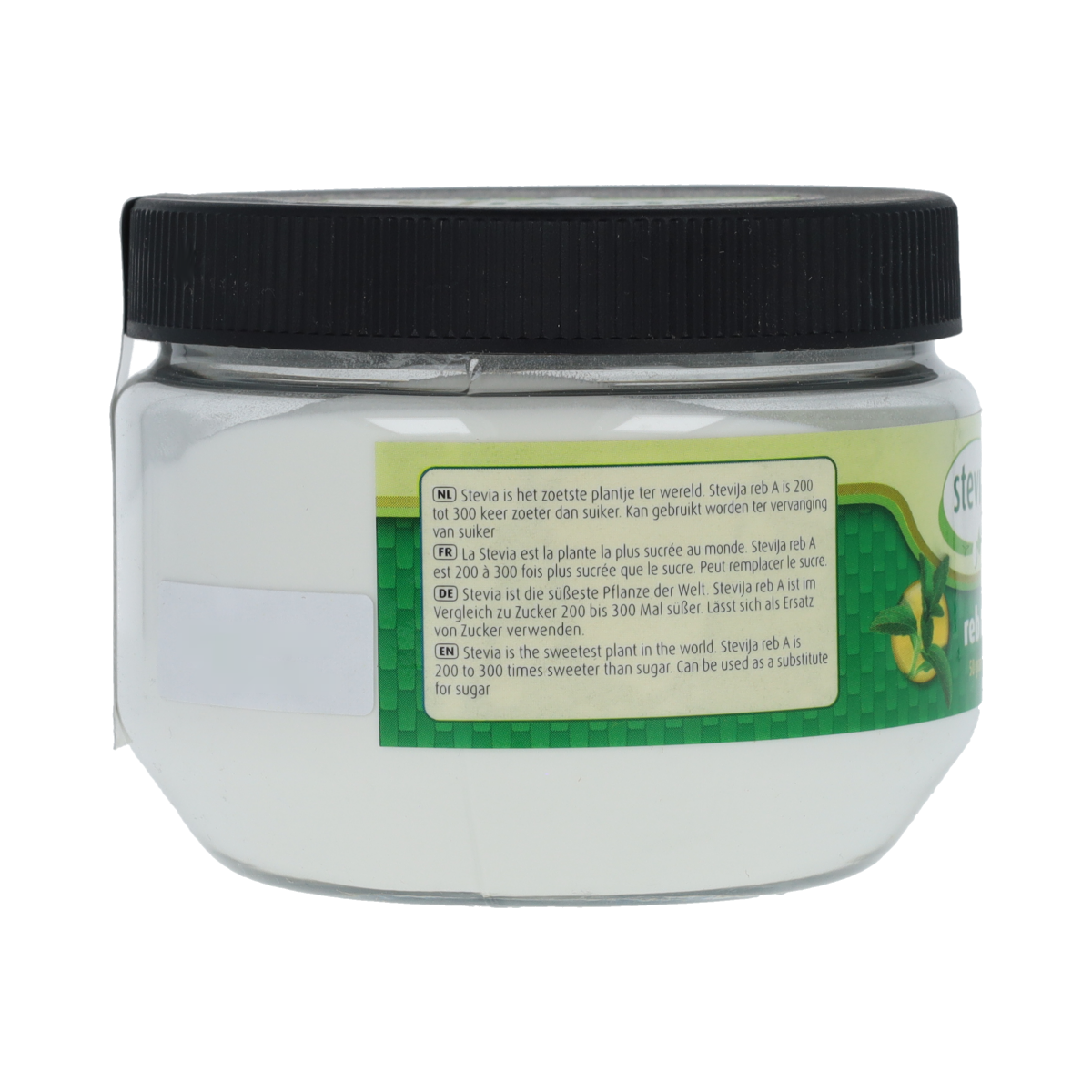 Pure SteviJa Stevia extract powder in a 50g container, natural sugar substitute for healthy sweetening.