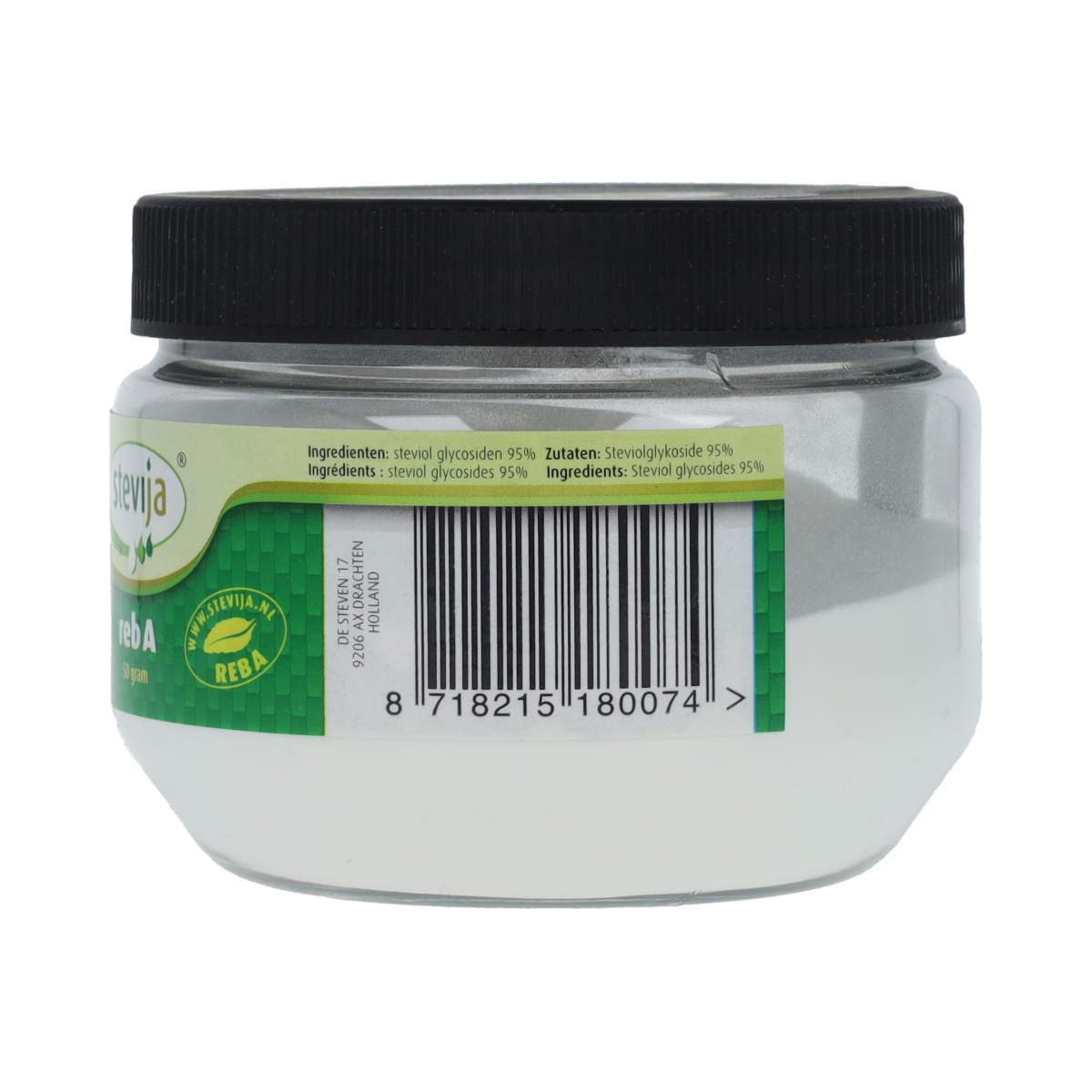 Pure SteviJa Stevia extract powder in a 50g container, natural sweetener from SteviJa, used as a sugar substitute.