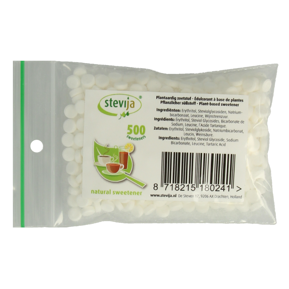 SteviJa Stevia zoetjes refill pack with 500 sweeteners, natural sugar substitute for tea and coffee, in a resealable bag.