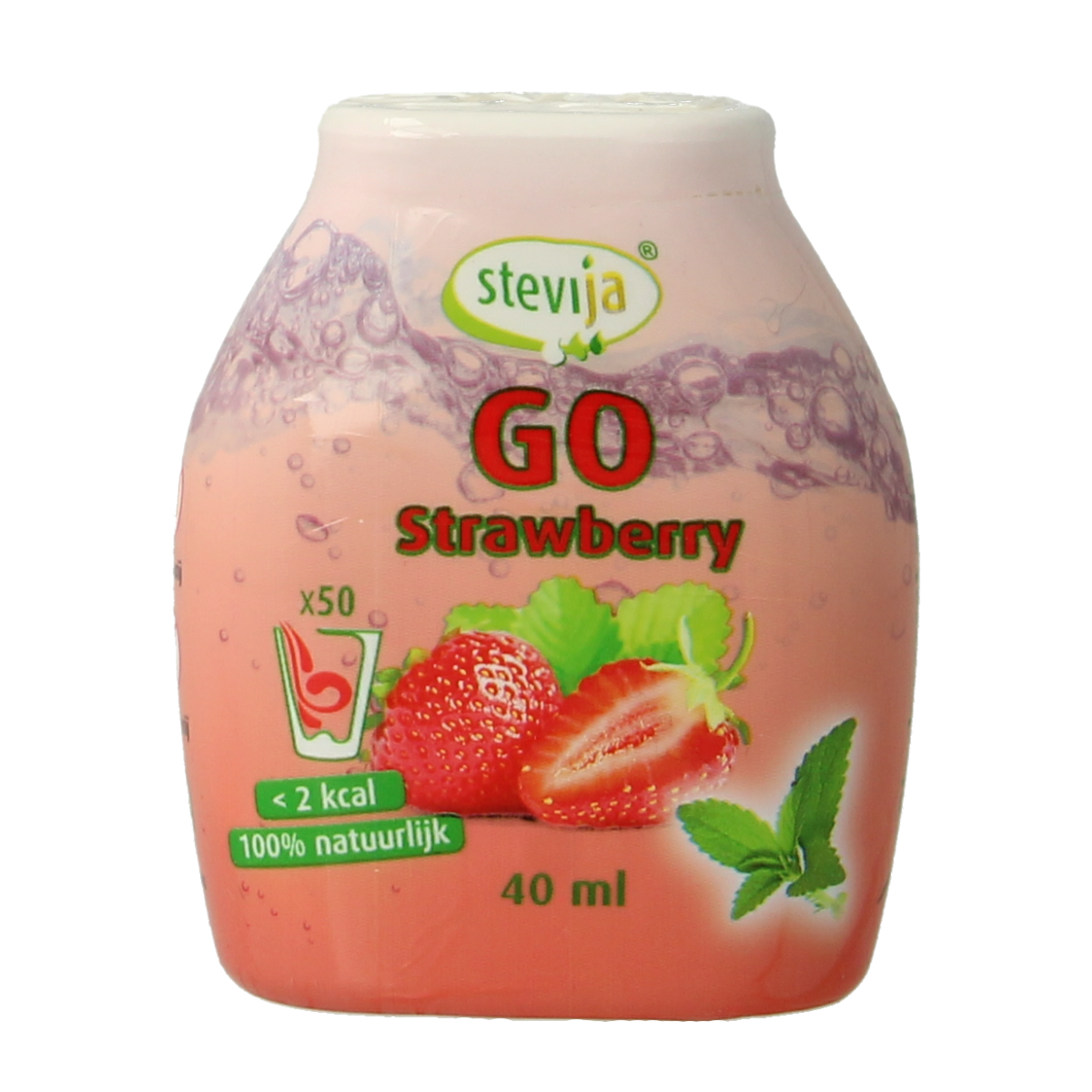 SteviJa Stevia limonadesiroop go strawberry bottle, 40ml, in a clear container showing the strawberry-flavored syrup.