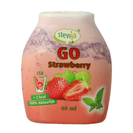 SteviJa Stevia limonadesiroop go strawberry bottle, 40ml, in a clear container showing the strawberry-flavored syrup.