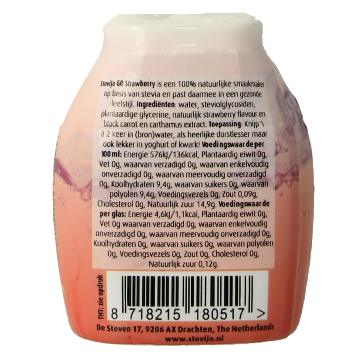 SteviJa Stevia limonadesiroop go strawberry in 40ml bottle, fresh strawberry flavor for drinks and beverages.
