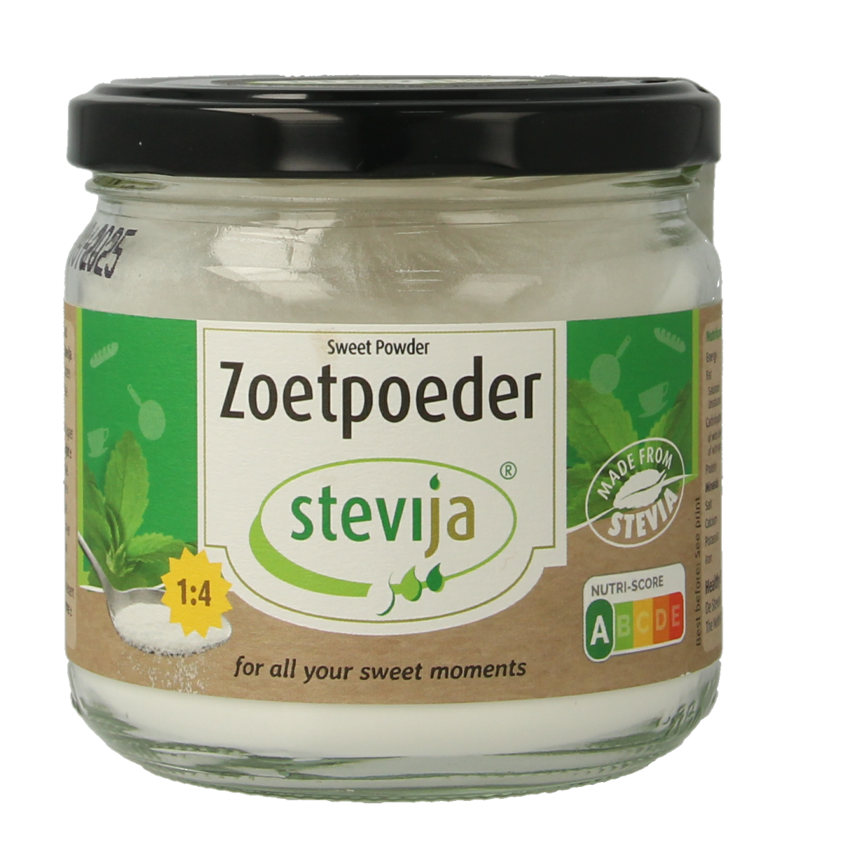 SteviJa Zoetpoeder in a 180g pot, natural stevia sweetener from SteviJa, with a clear label and measuring scoop.