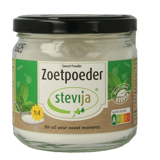SteviJa Zoetpoeder in a 180g pot, natural stevia sweetener from SteviJa, with a clear label and measuring scoop.