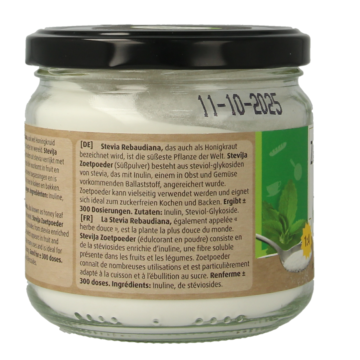 SteviJa SteviJa Zoetpoeder in a 180g pot, natural stevia sweetener for sugar replacement, labeled as a sugar and sweetener product.