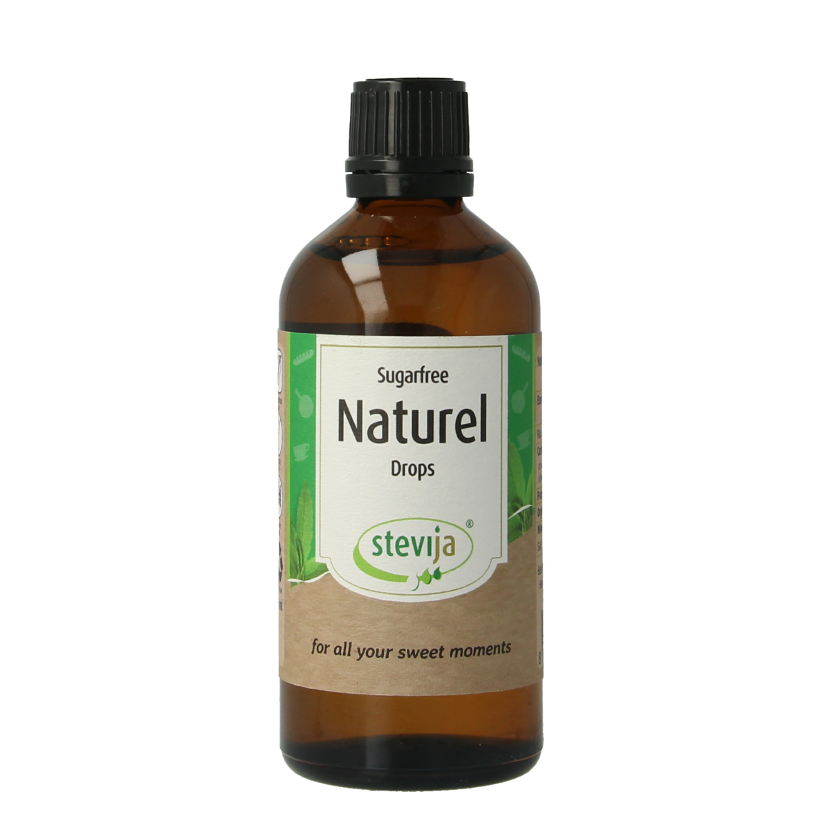 SteviJa Stevia vloeibaar naturel in 100ml bottle, natural sweetener from SteviJa, with a clear view of the product label.