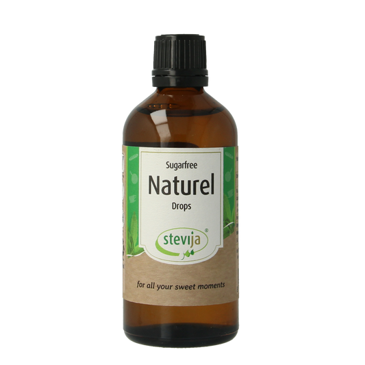 SteviJa Stevia vloeibaar naturel in 100ml bottle, natural sweetener from SteviJa, with a clear view of the product label.