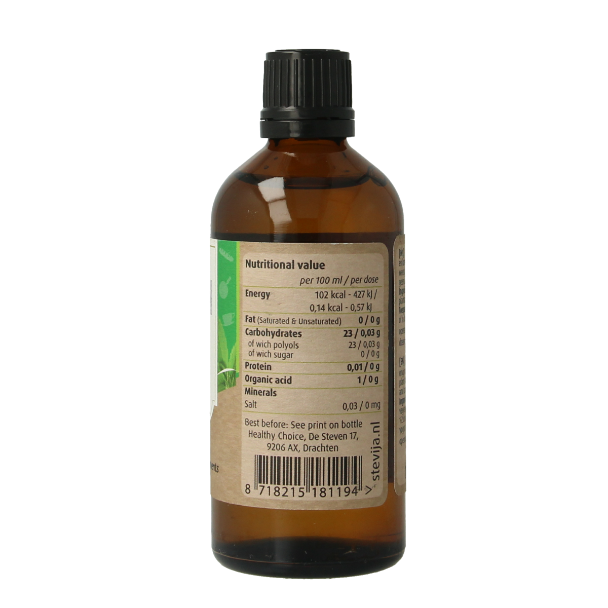 SteviJa Stevia vloeibaar naturel 100ml in een transparante fles met druppelaar, suikers en zoetstoffen product.