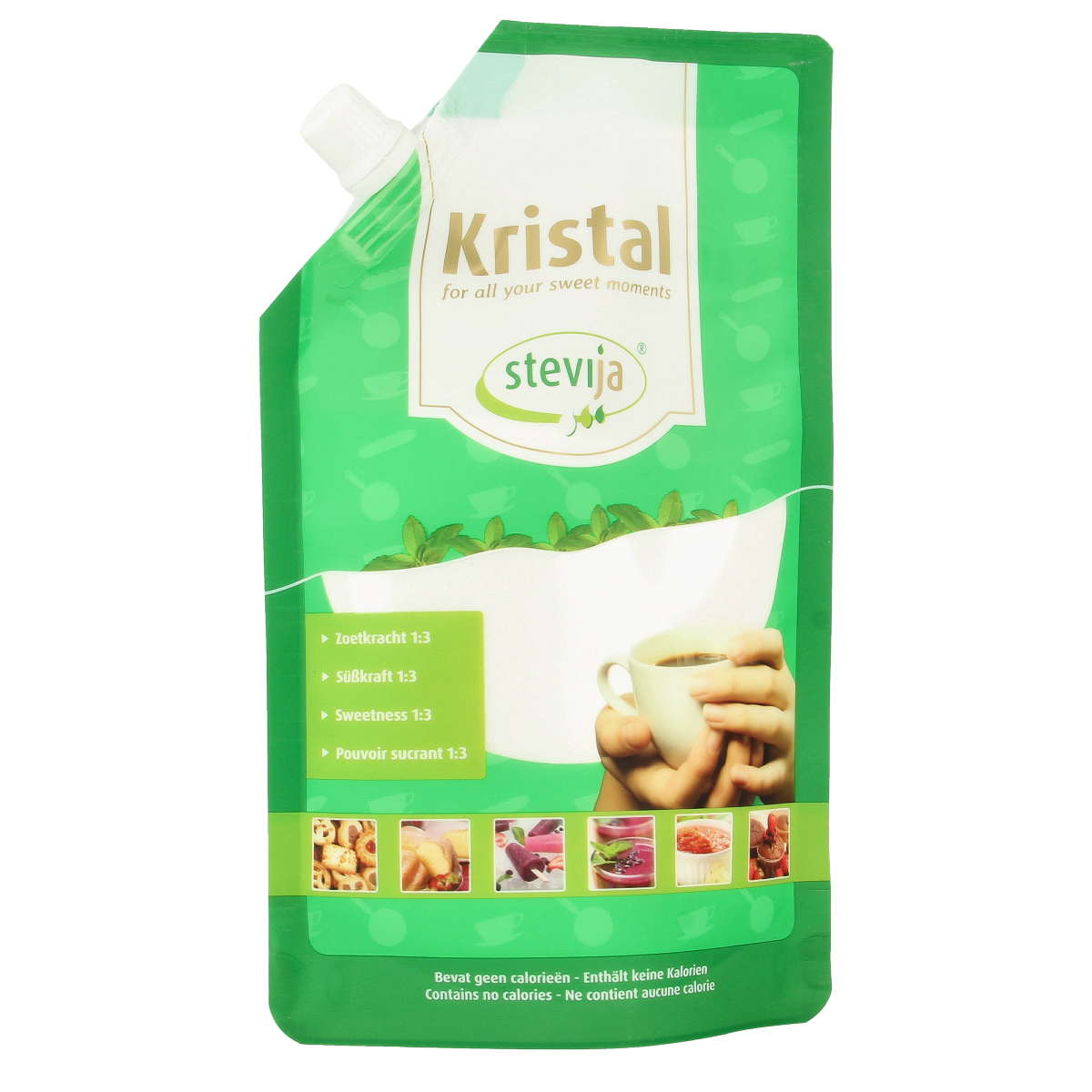SteviJa Stevia kristal in a 300g jar, natural sweetener from SteviJa, with a clear label and white crystalline texture.