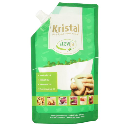 SteviJa Stevia kristal in a 300g jar, natural sweetener from SteviJa, with a clear label and white crystalline texture.