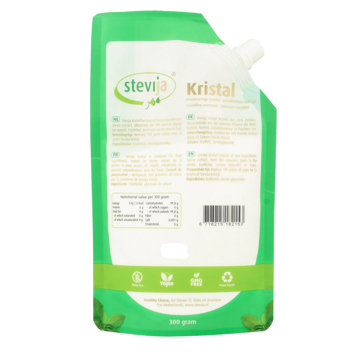 SteviJa Stevia kristal in a 300g jar, natural sweetener from SteviJa, shown in a clear container with a white lid.
