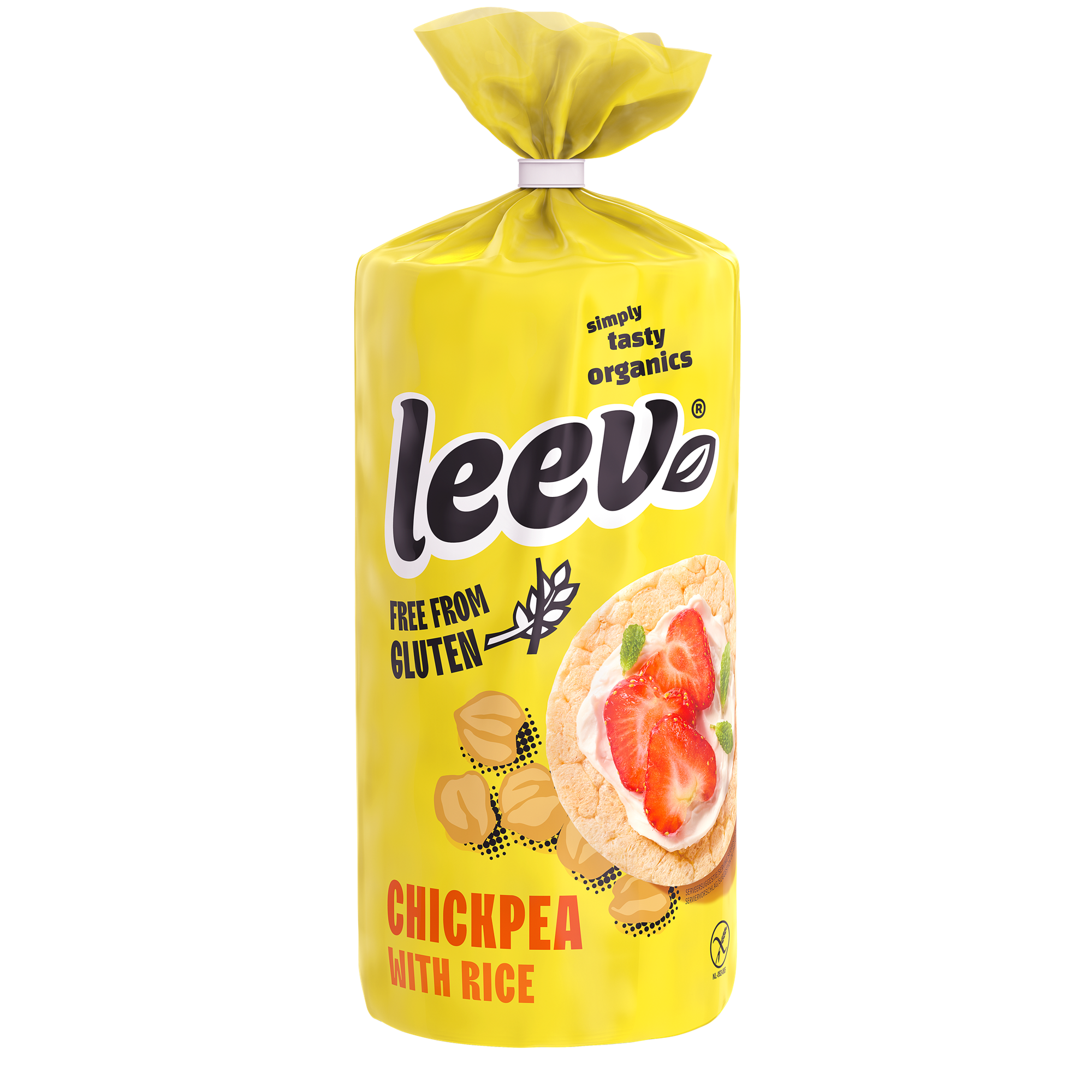 Leev glutenvrije biologische kikkererwten wafels in 100g verpakking, crispy snack made from chickpeas, healthy and gluten-free.