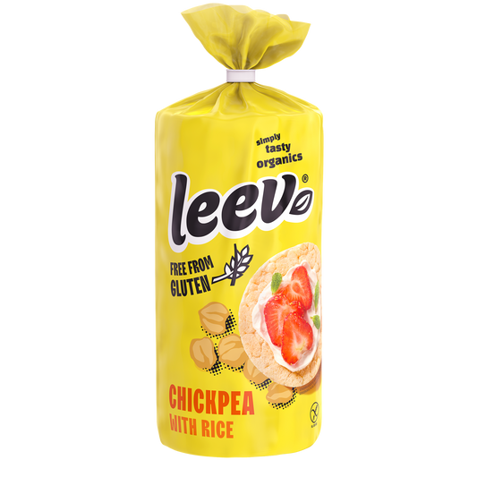 Leev glutenvrije biologische kikkererwten wafels in 100g verpakking, crispy snack made from chickpeas, healthy and gluten-free.