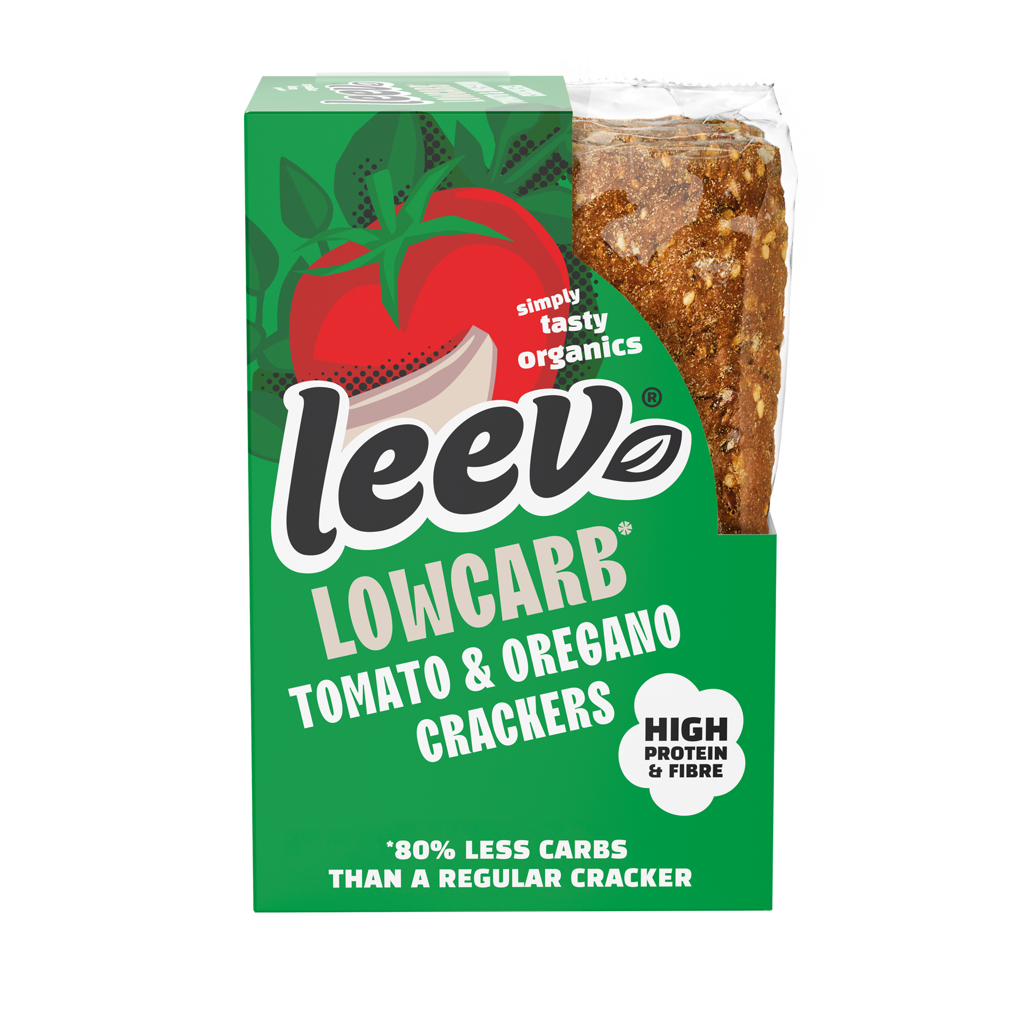 Leev Bio low-carb crackers with tomato and oregano, 6 pieces, crispy bread snacks with herbs and healthy ingredients.