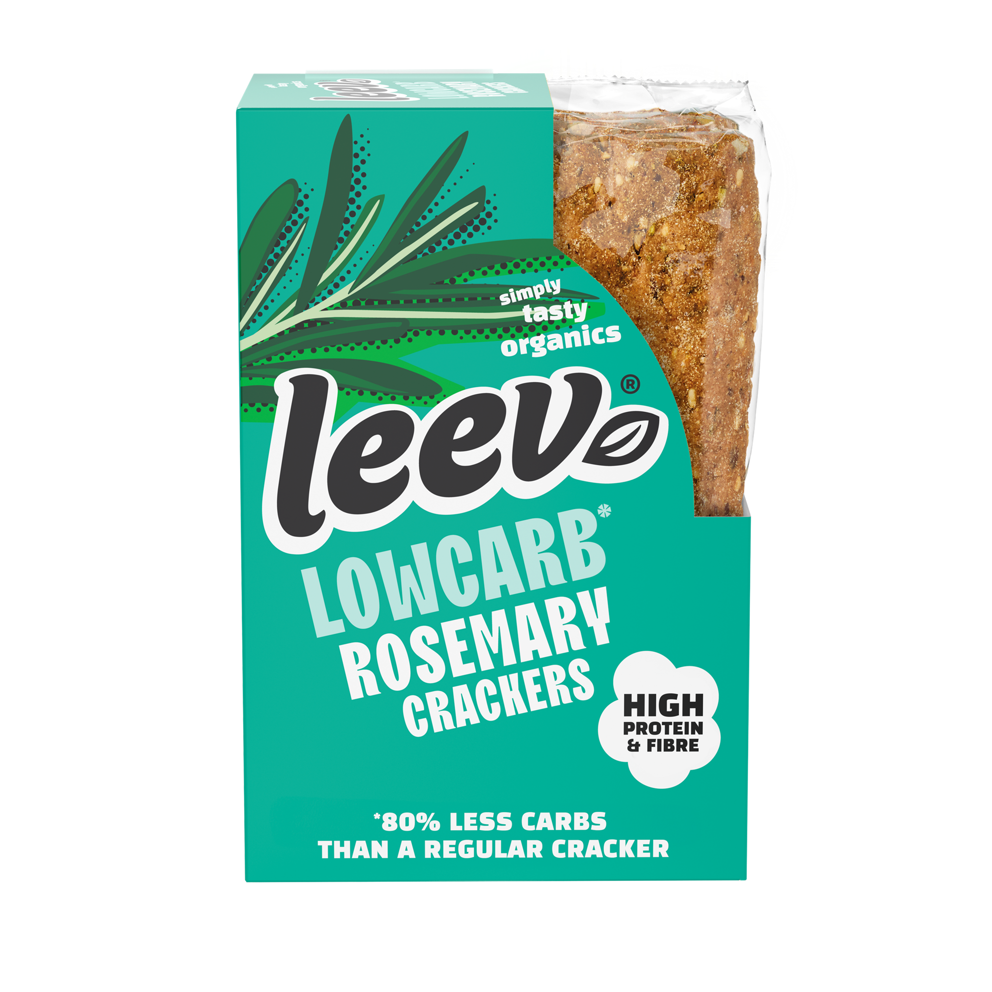 Leev Bio qrackers rosemary sea salt crackers, 3 packs of 2, with crispy texture and rosemary seasoning, on a white background.