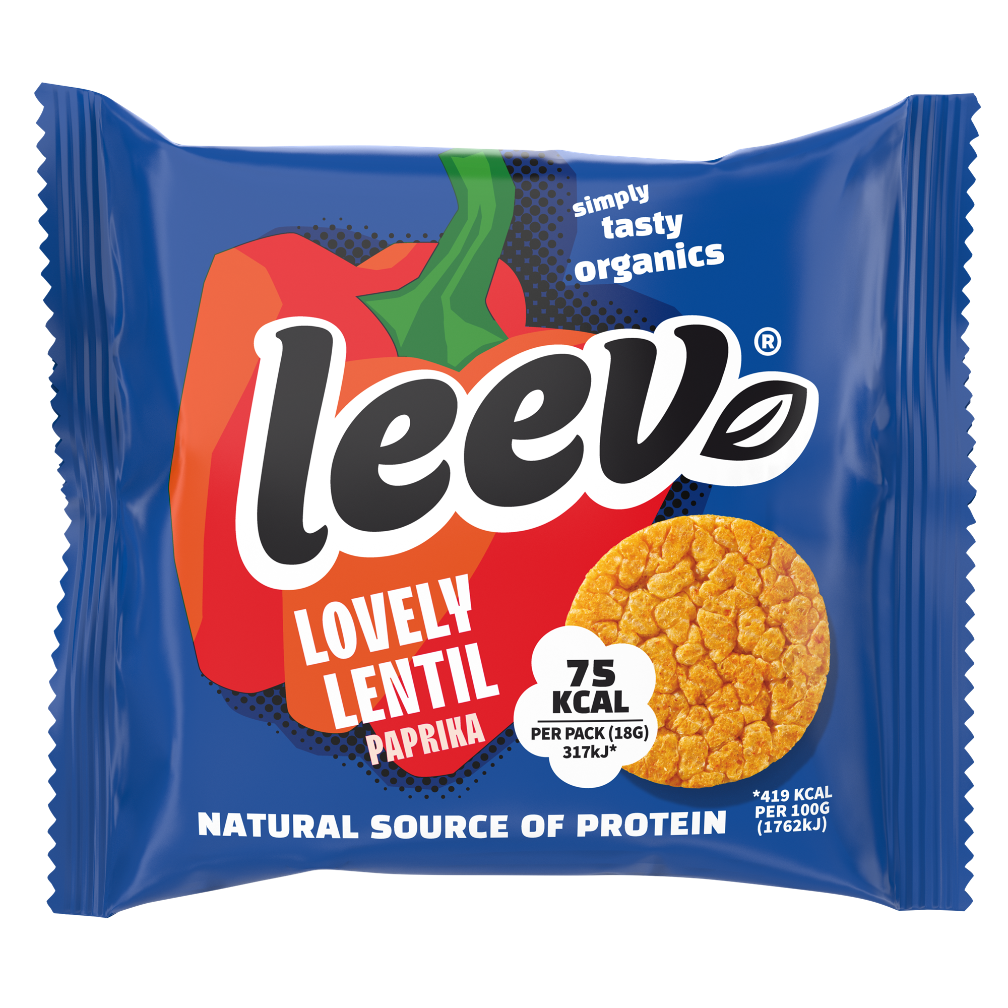 Leev Lovely lentil cakes paprika bio, 18g, showing crispy, reddish-brown koeken with paprika seasoning on a white background.