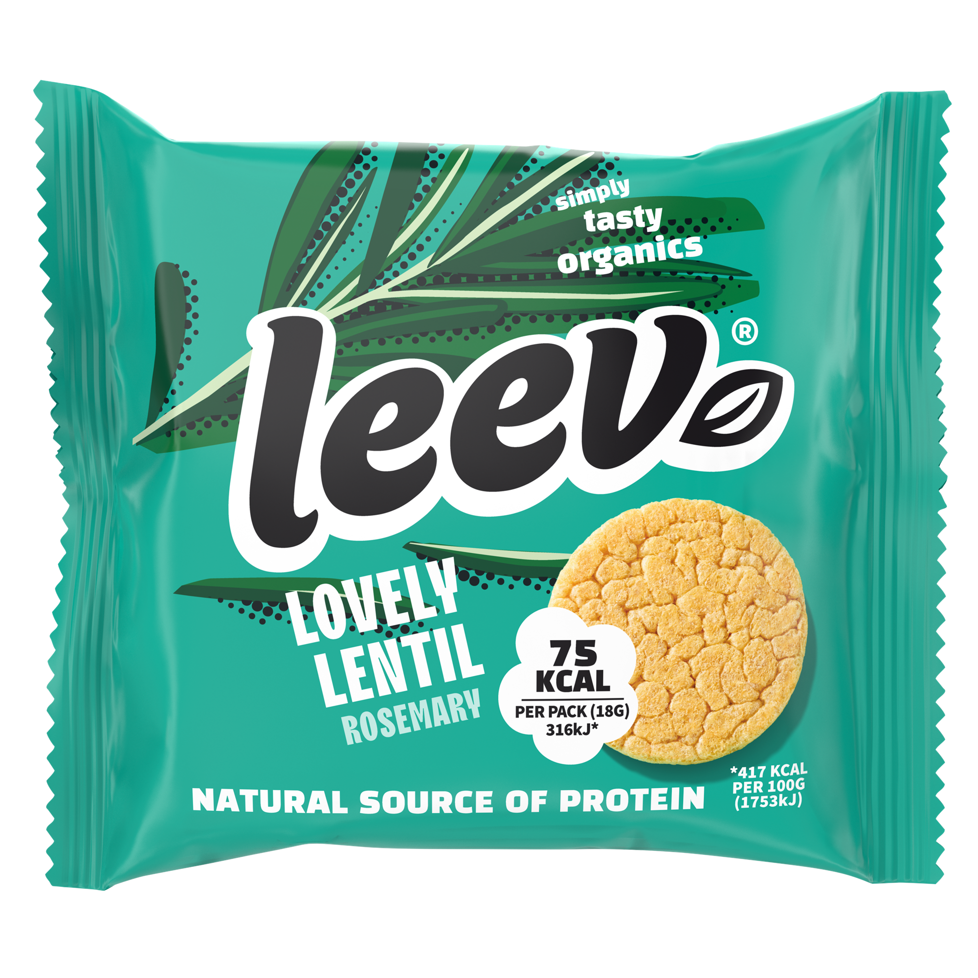 Leev Lovely rosemary lentil cakes, bio, 18 grams, crispy koeken with fresh rosemary flavor.