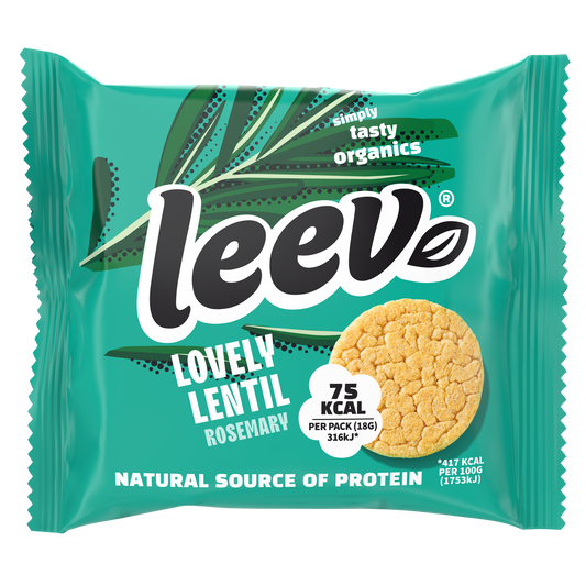 Leev Lovely rosemary lentil cakes, bio, 18 grams, crispy koeken with fresh rosemary flavor.