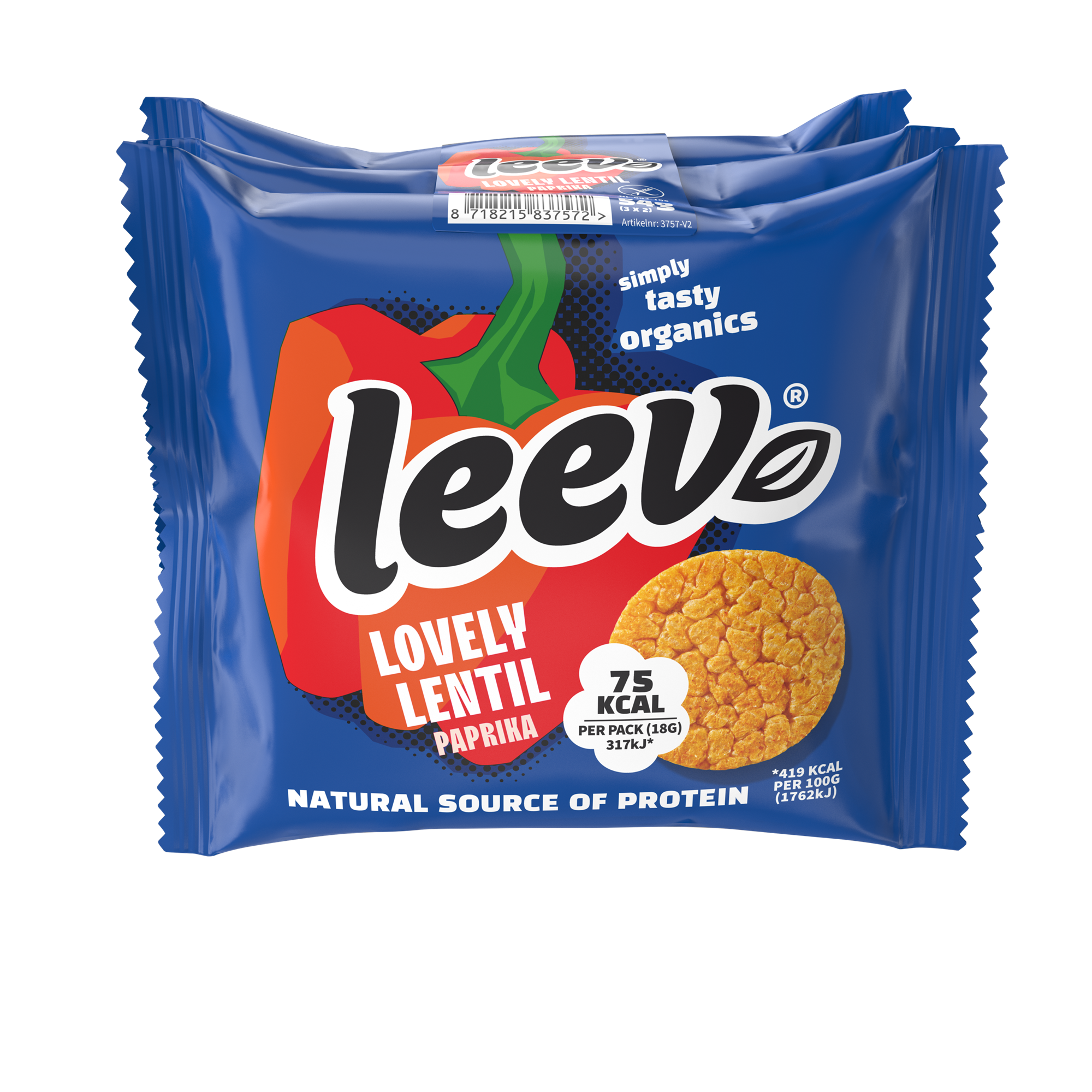 Leev Lovely lentil cakes with paprika, organic, 54g, showing crispy, golden-brown lentil koeken with paprika seasoning.