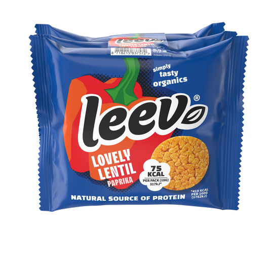 Leev Lovely lentil cakes with paprika, organic, 54g, showing crispy, golden-brown lentil koeken with paprika seasoning.