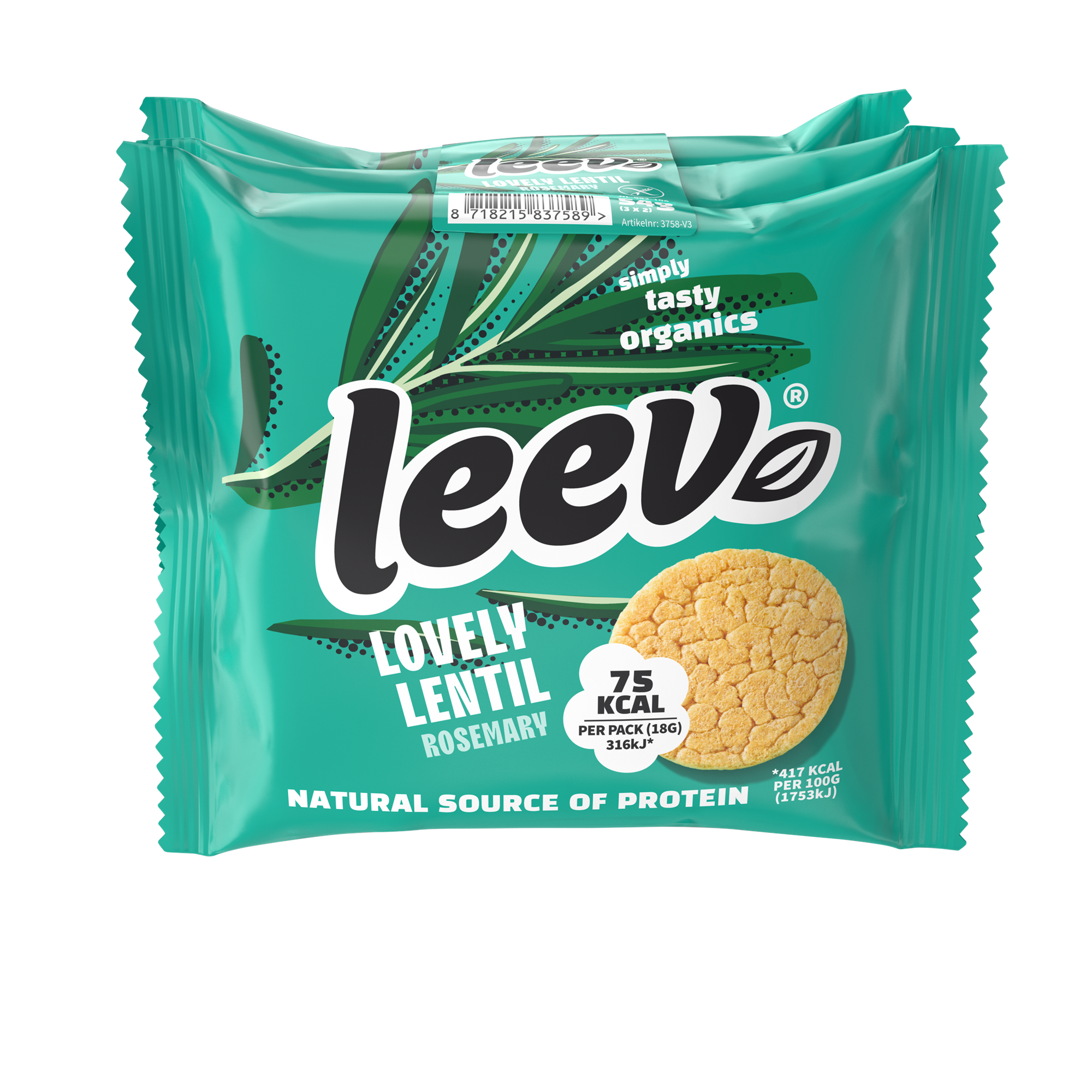 Leev Lovely organic lentil cakes with rosemary, 54g, showing crunchy, golden-brown koeken on a white surface.