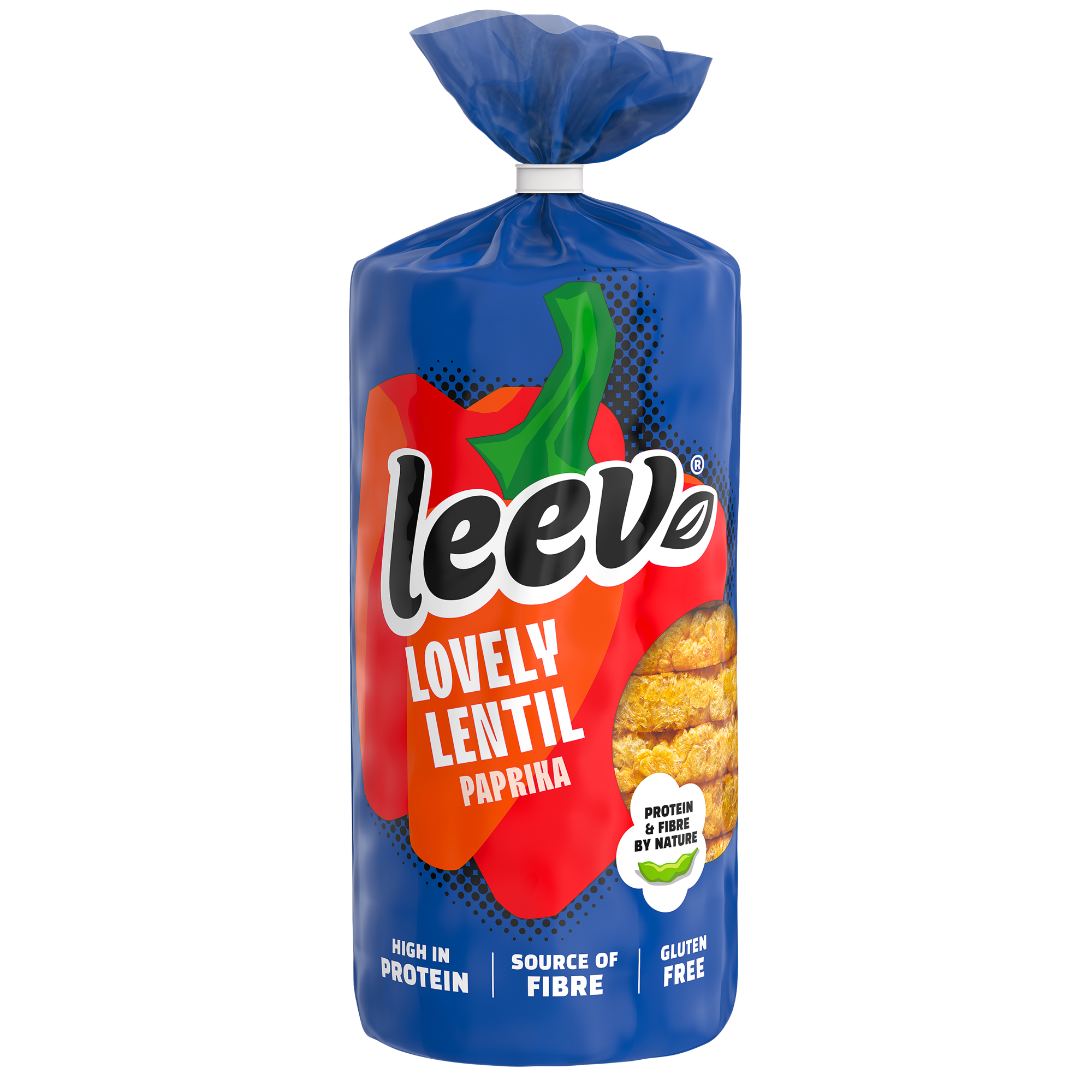 Leev Lovely lentil cakes with paprika, organic, 117g, crispy gluten-free snack with vibrant red paprika seasoning.