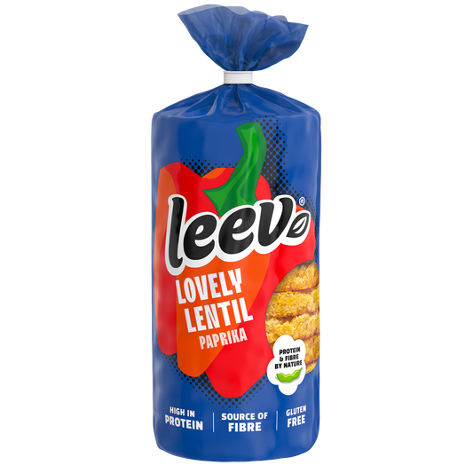 Leev Lovely lentil cakes with paprika, organic, 117g, crispy gluten-free snack with vibrant red paprika seasoning.