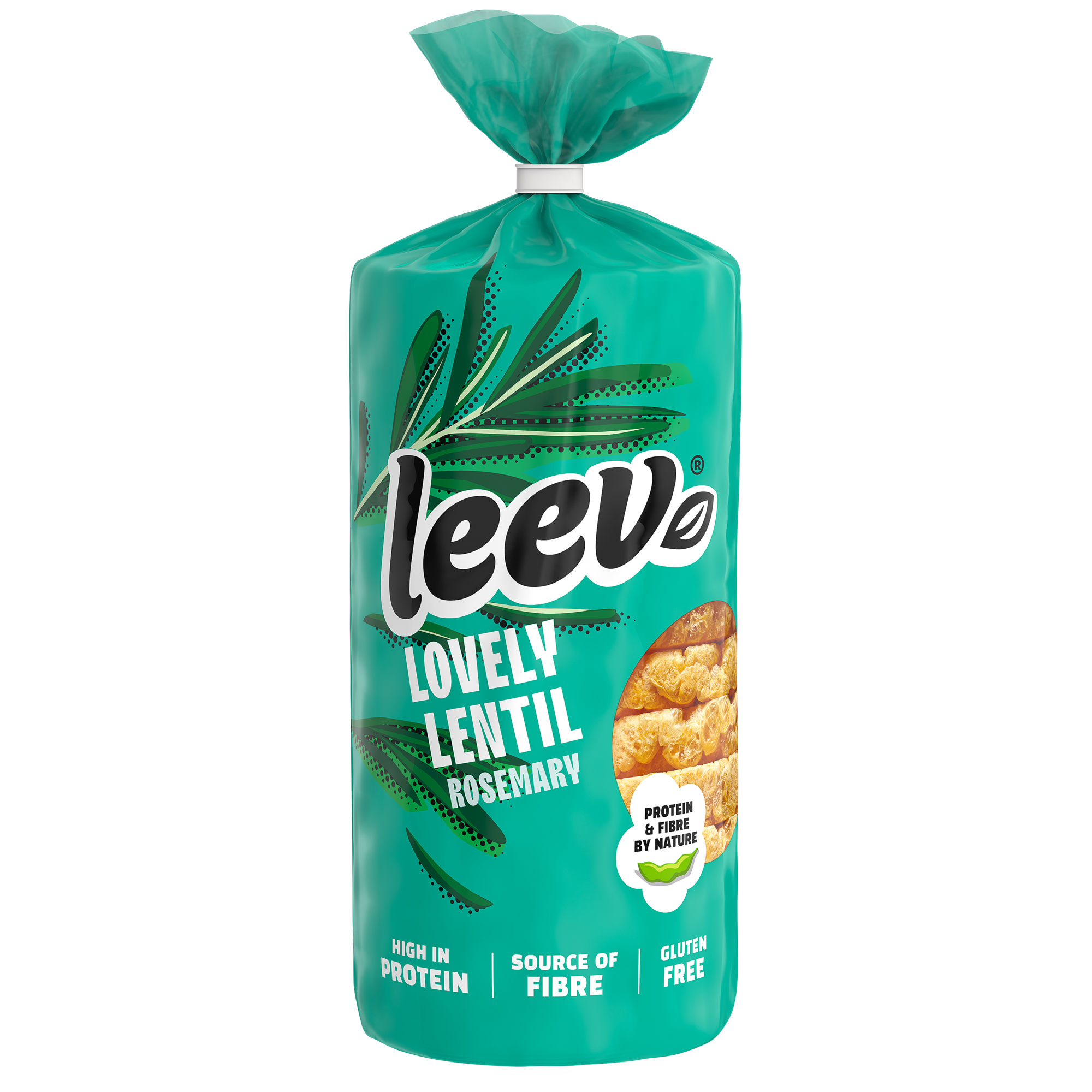 Leev Lovely organic rosemary lentil cakes, 117g, crispy gluten-free koeken with herbs, in a natural setting.