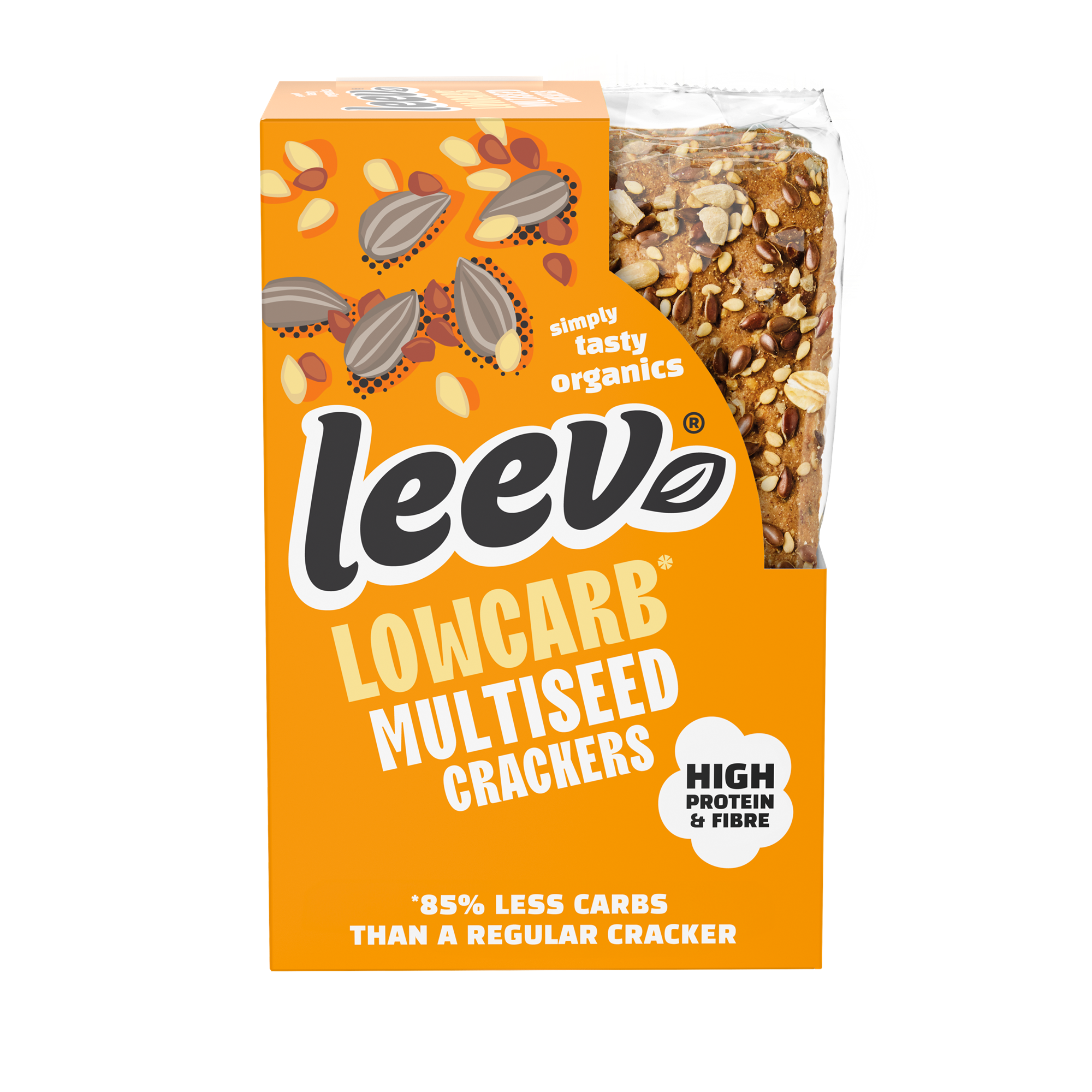 Leev Lowcarb multiseed bio crackers, 80g, healthy snack with mixed seeds in a clear package.