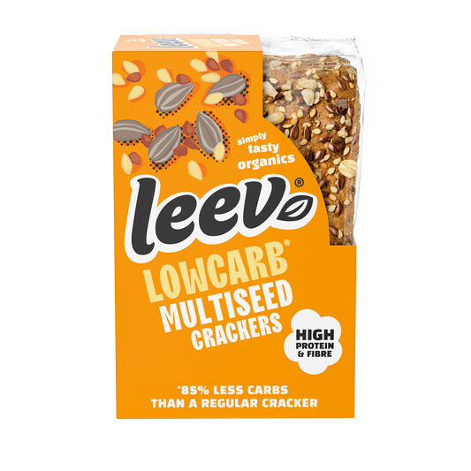 Leev Lowcarb multiseed bio crackers, 80g, healthy snack with mixed seeds in a clear package.