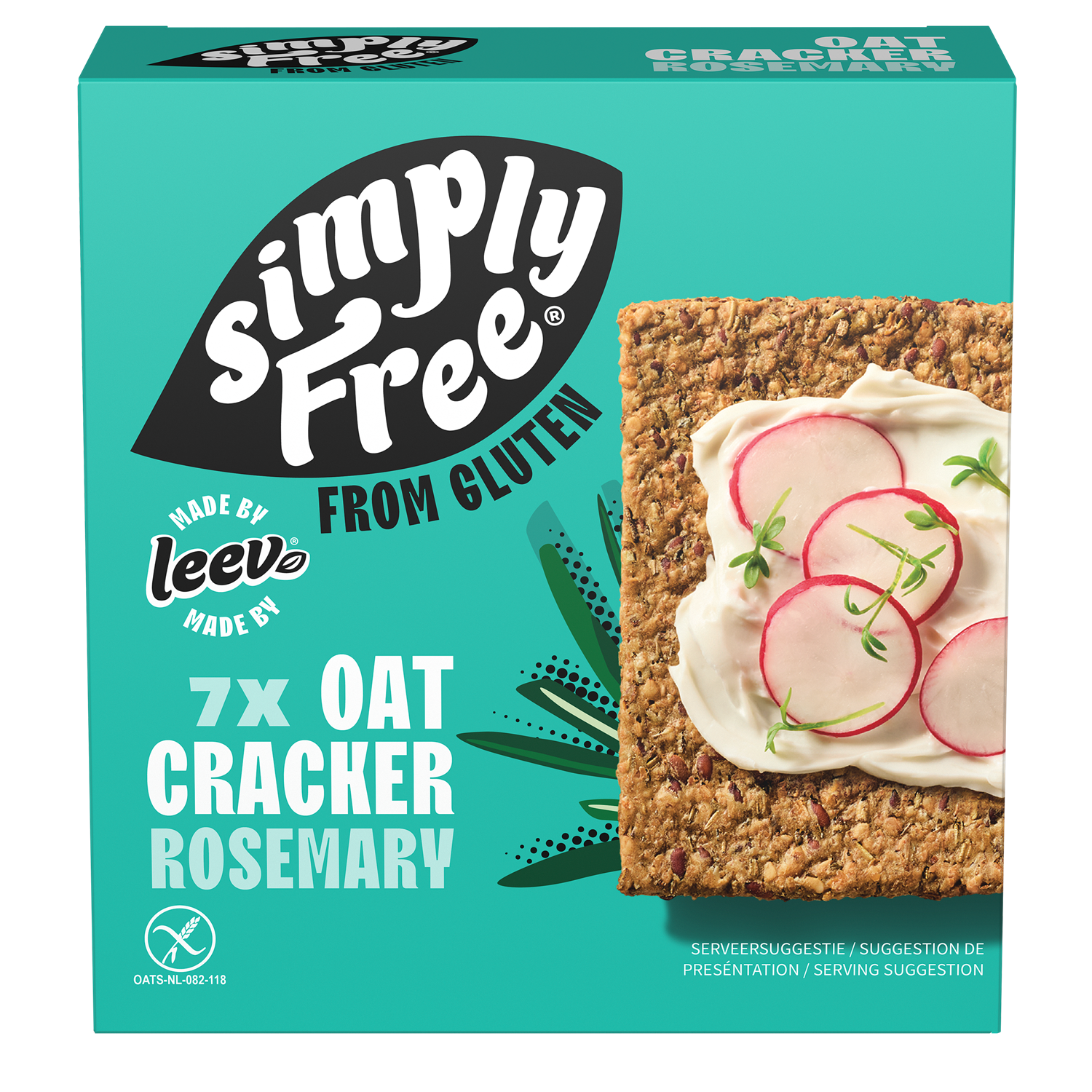 Leev Havercracker rozemarijn glutenfree bio, 100g, crispy crackers with rosemary flavor, made by Leev, in a clear package.
