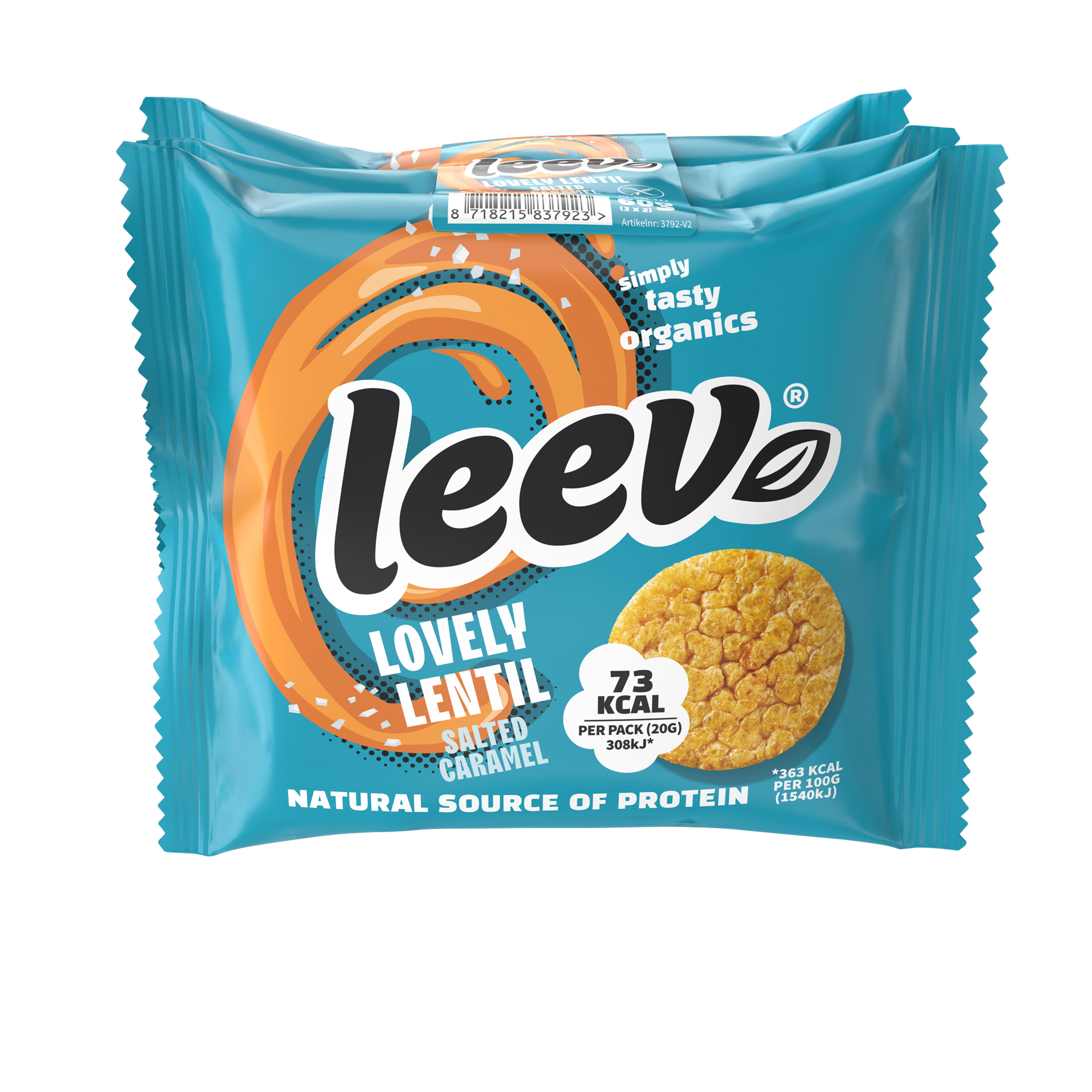 Leev Lovely Lentil Cakes caramel bio, 60g, natural crunchy snack with caramel flavor, packaged in a transparent wrapper.