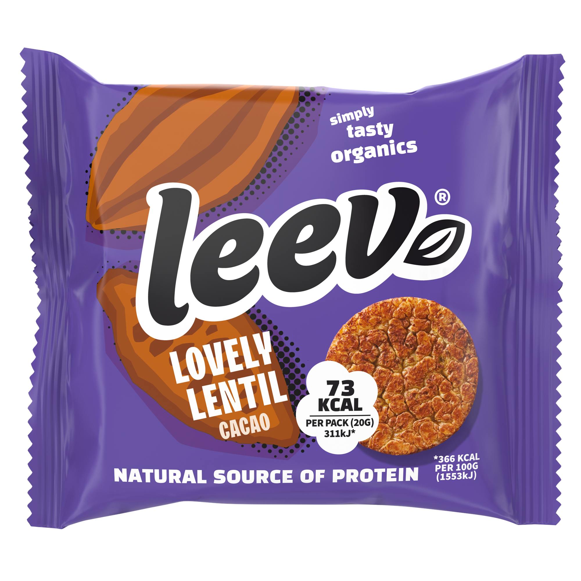 Leev Lovely organic lentil cakes cacao, 20g, showing crispy, chocolate-flavored lentil cookies in a close-up image.