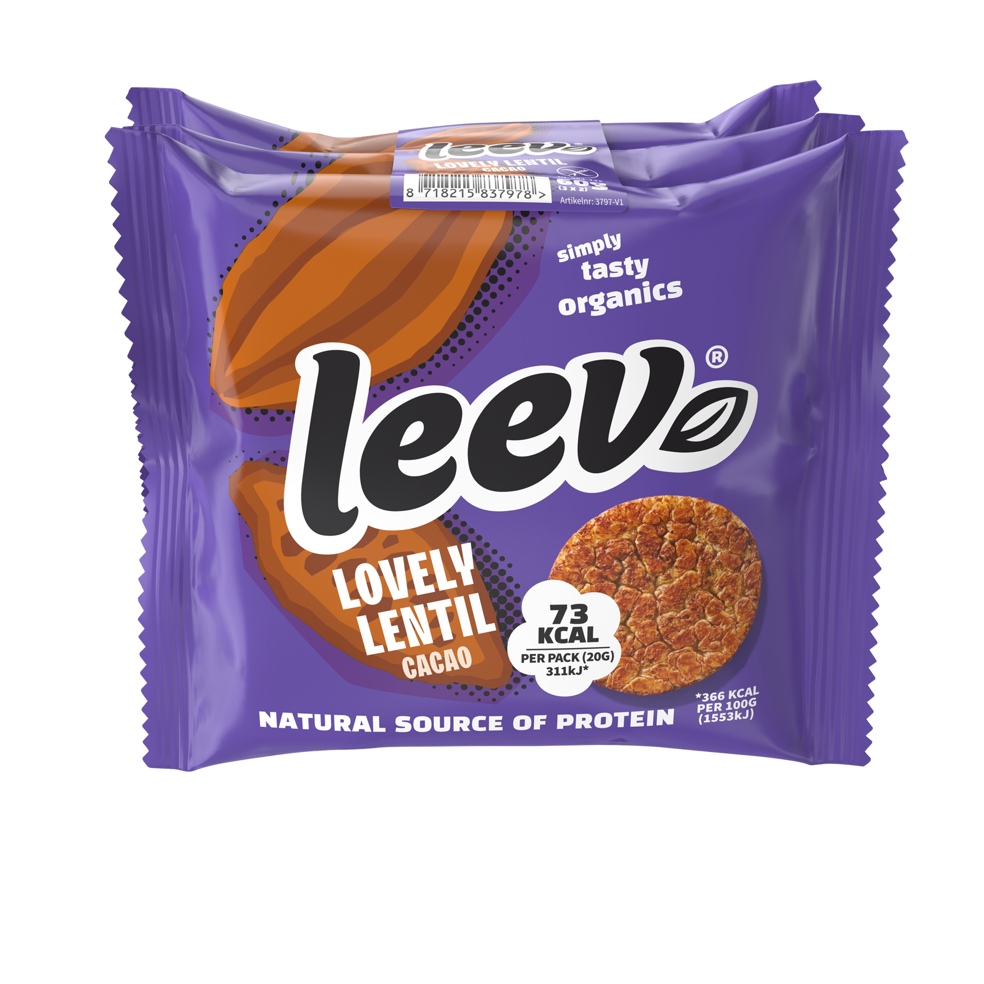 Leev Lovely lentil cakes with cacao, organic, 60g, showing the chocolate-flavored lentil snack in a close-up image