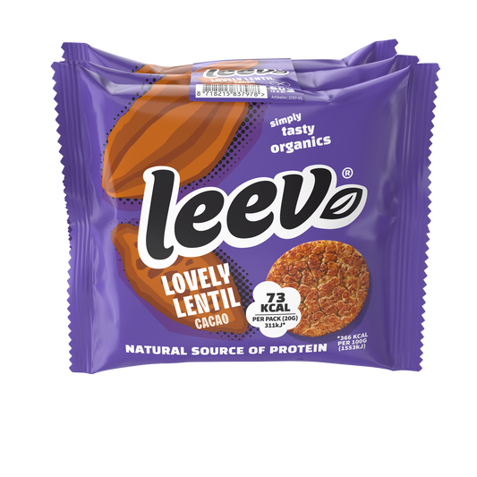 Leev Lovely lentil cakes with cacao, organic, 60g, showing the chocolate-flavored lentil snack in a close-up image