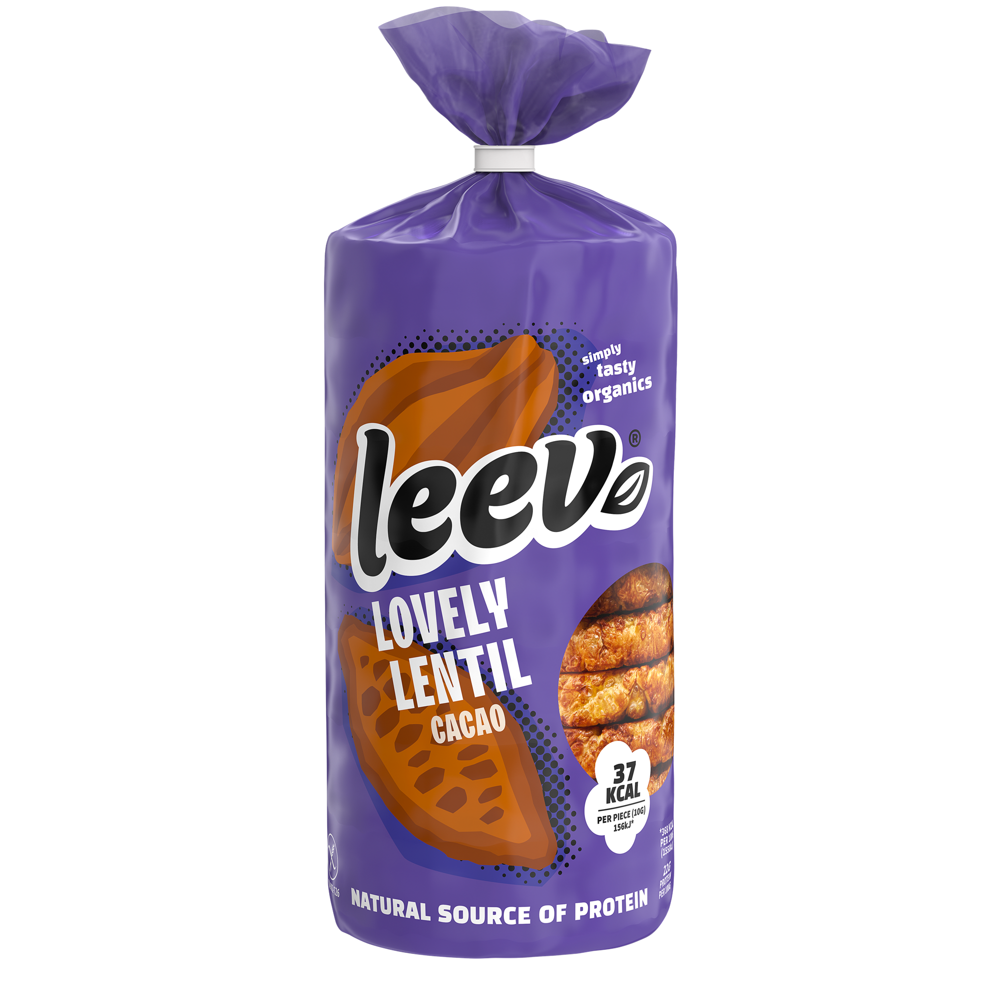 Leev Lovely lentil cakes cacao bio, 130g, natural vegan cookies with chocolate flavor in a package.