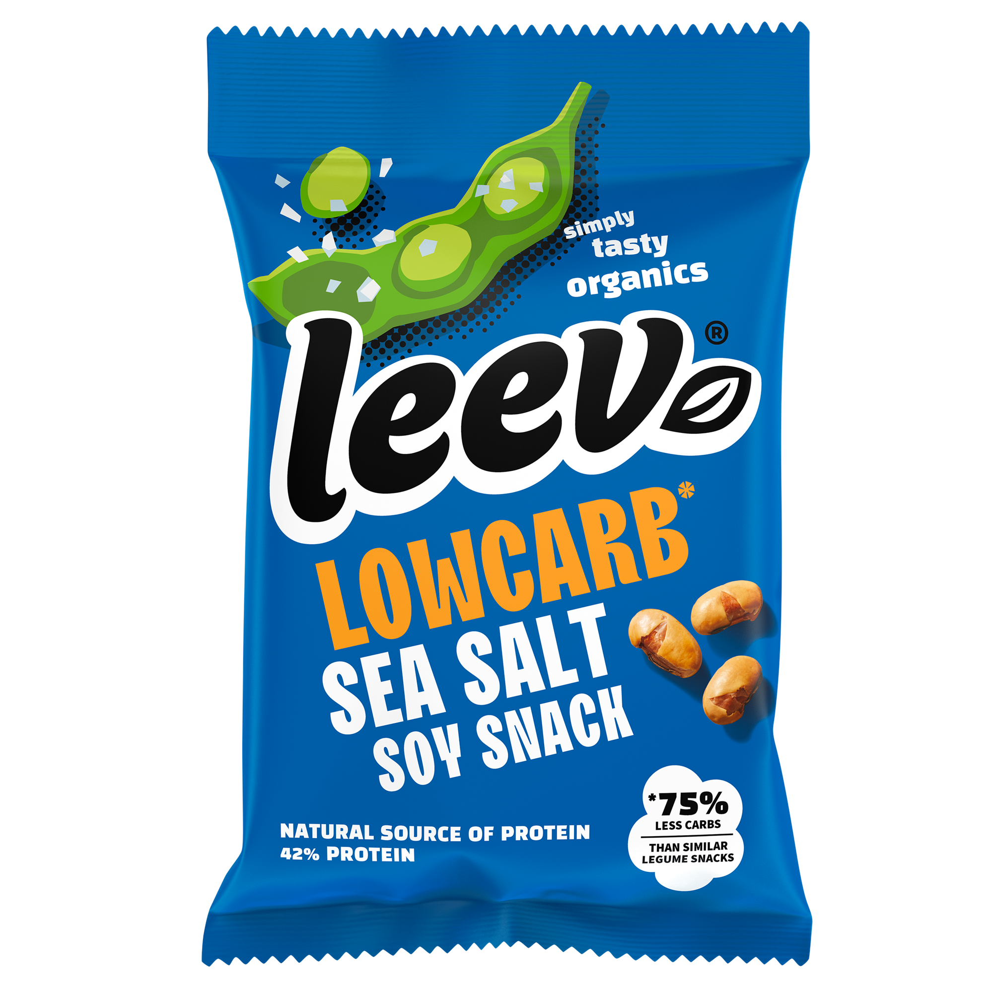 Leev Bio low-carb soybean snack with sea salt in a 45g package, a healthy snack option from Leev.