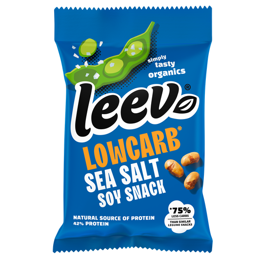 Leev Bio low-carb soybean snack with sea salt in a 45g package, a healthy snack option from Leev.