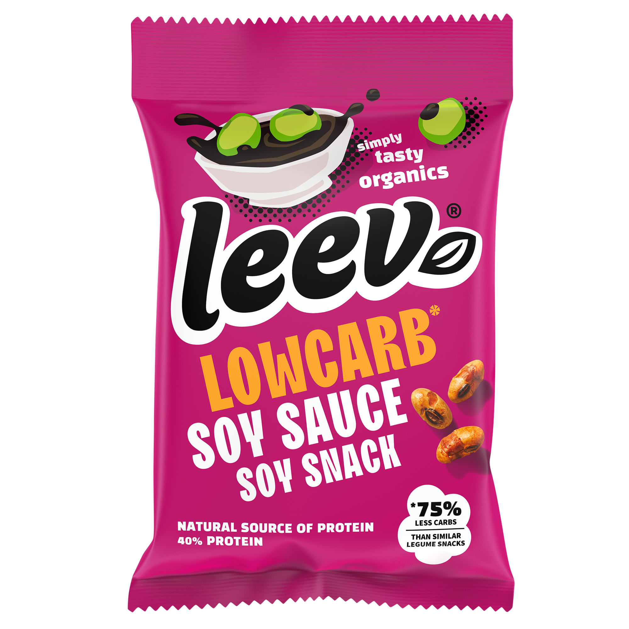 Leev Lowcarb soyabonen snack in 45g bio soy sauce flavor, vegan snack food in a resealable package.