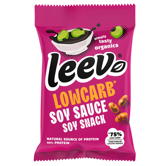 Leev Lowcarb soyabonen snack in 45g bio soy sauce flavor, vegan snack food in a resealable package.