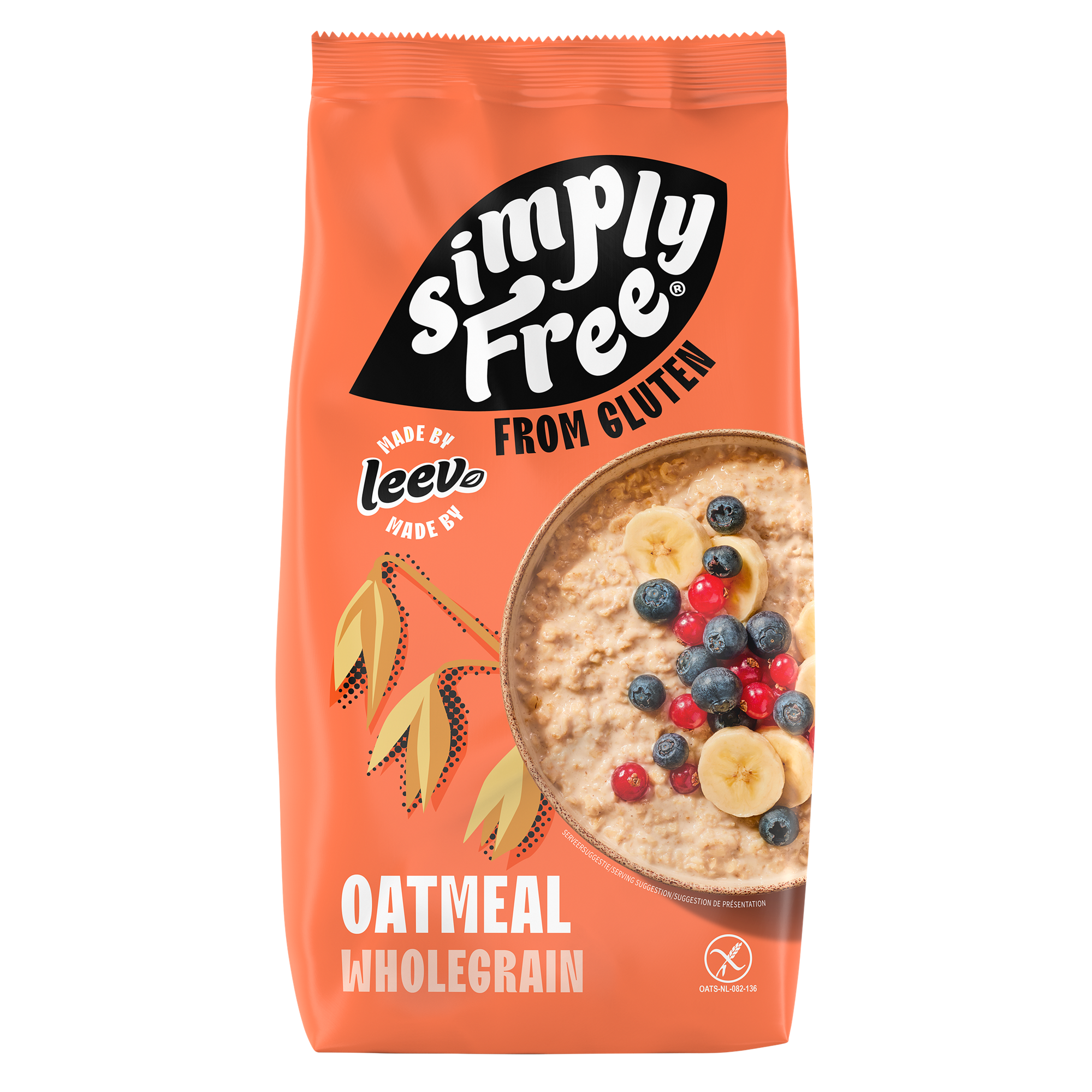 Leev gluten-free organic oatmeal in a 450g bag, breakfast cereal with healthy, natural oats and whole grain texture.