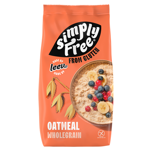 Leev gluten-free organic oatmeal in a 450g bag, breakfast cereal with healthy, natural oats and whole grain texture.