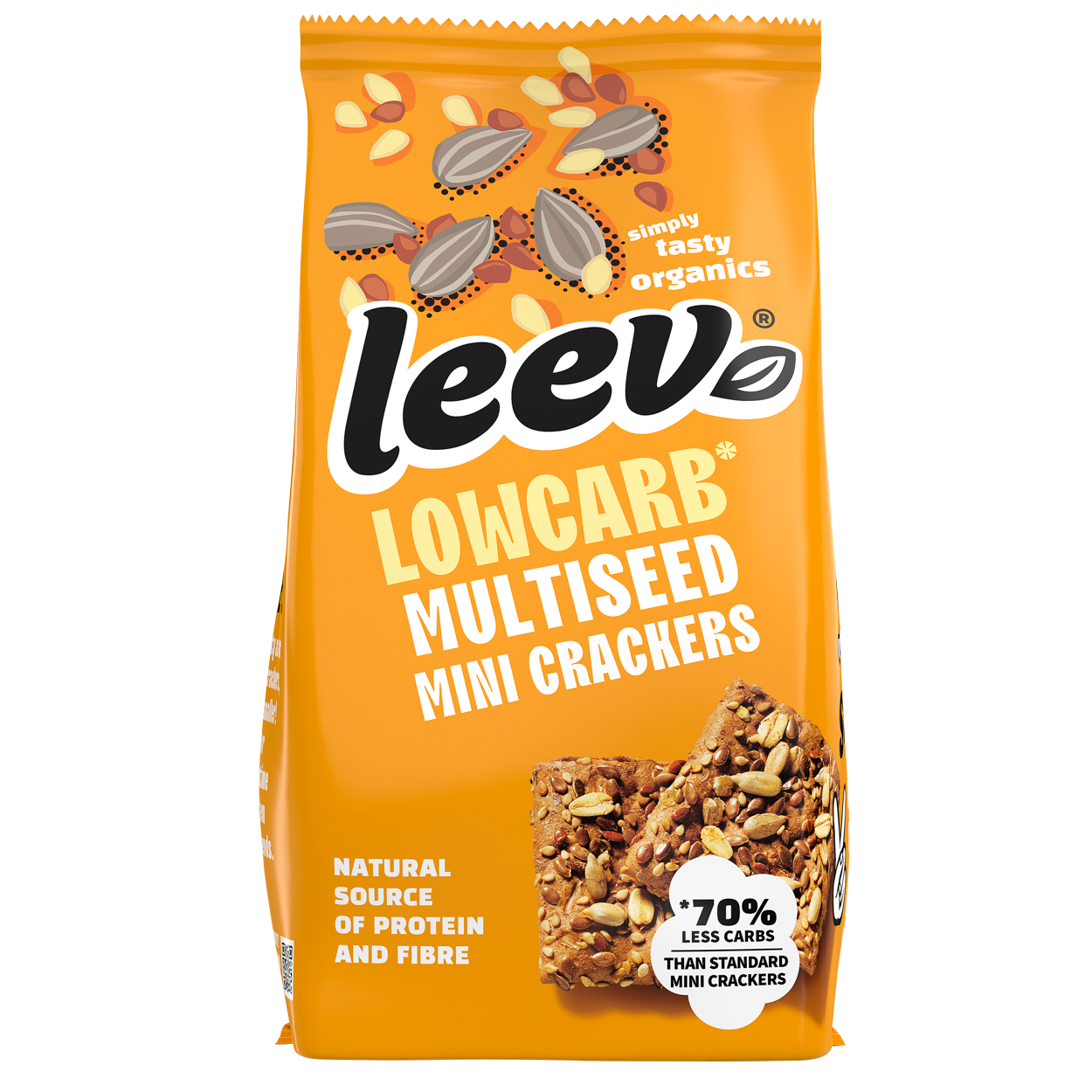 Leev Lowcarb mini crackers multiseeds bio, 85g, crispy whole grain bread with mixed seeds, healthy snack option.