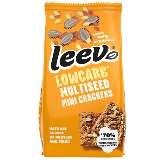 Leev Lowcarb mini crackers multiseeds bio, 85g, crispy whole grain bread with mixed seeds, healthy snack option.